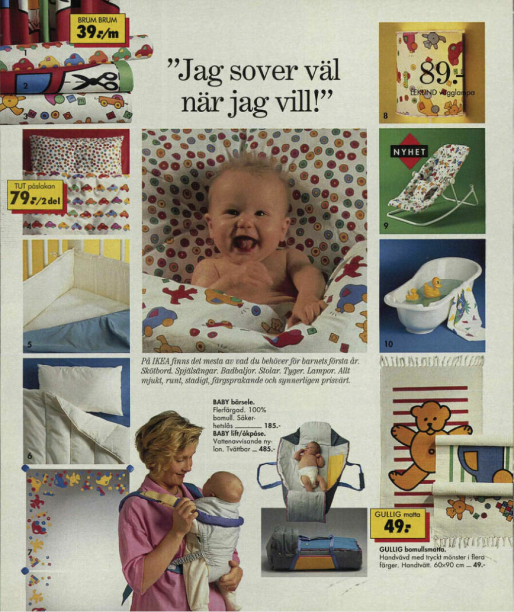 Bomullsmatta med nalle och smart babysitter i Ikea-katalogen 1991. Foto: Ikea ikea-katalogen 1990-talet
