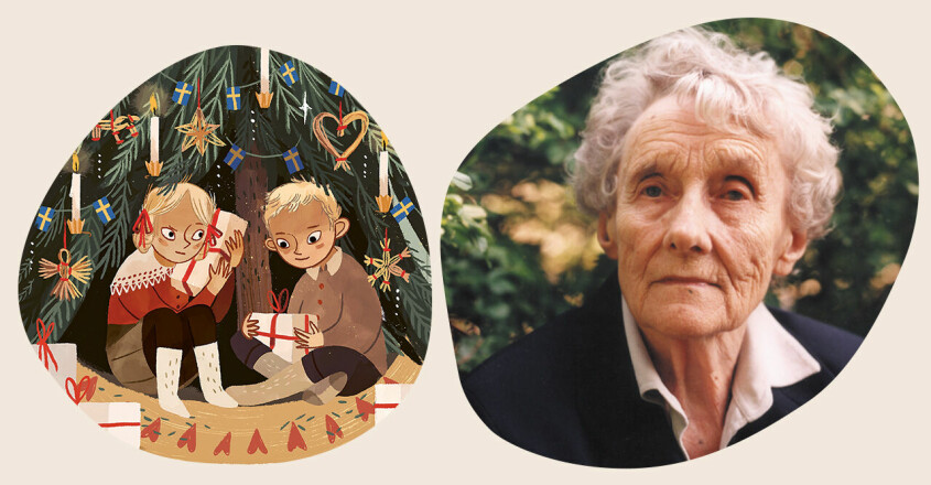 Astrid Lindgren och en av illustrationerna i den nya boken En jul i Småland för länge sen