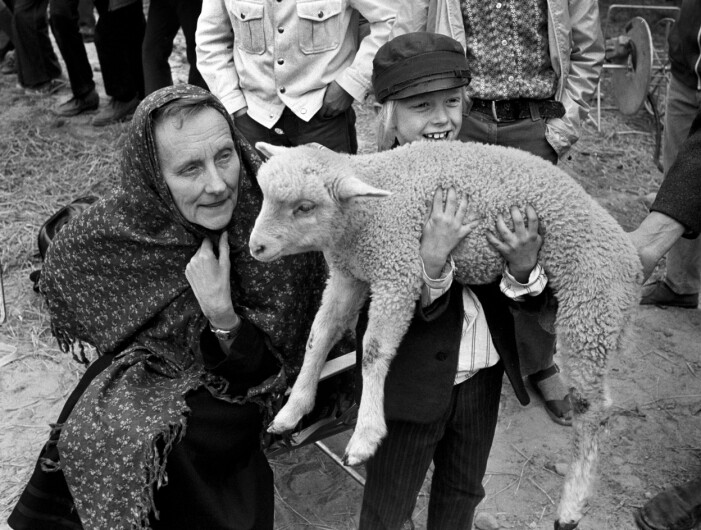 Foto: Lars Nyberg/TT Astrid Lindgren och Jan Ohlsson som bondmora och Emil tillsammans med ett får under inspelningen av Emil i Lönneberga.