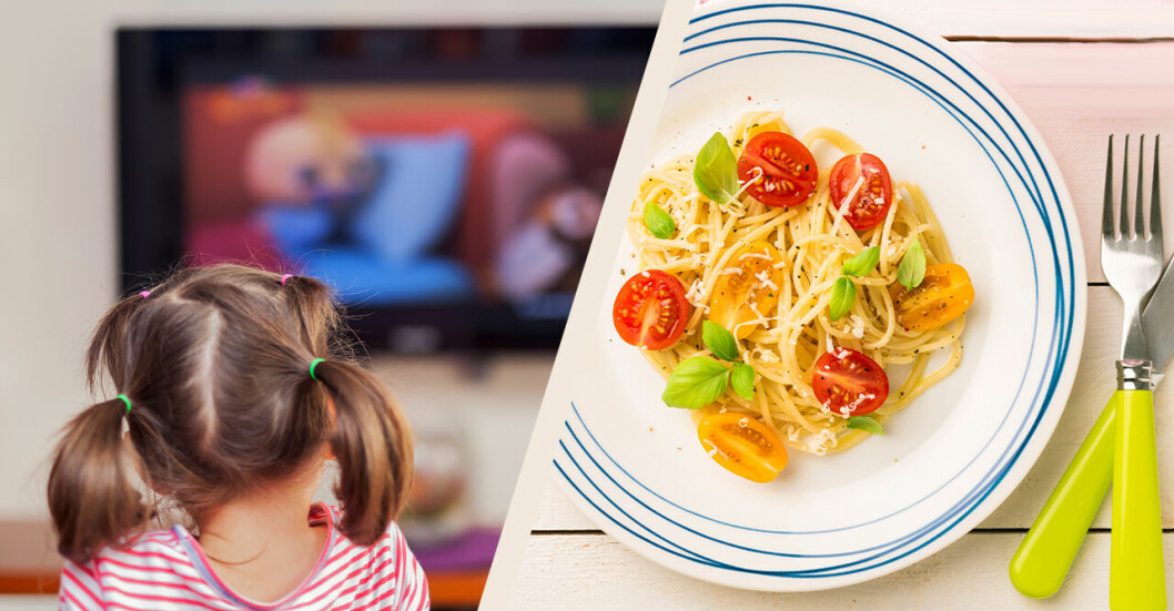 barn som tittar på tv, tallrik med pasta