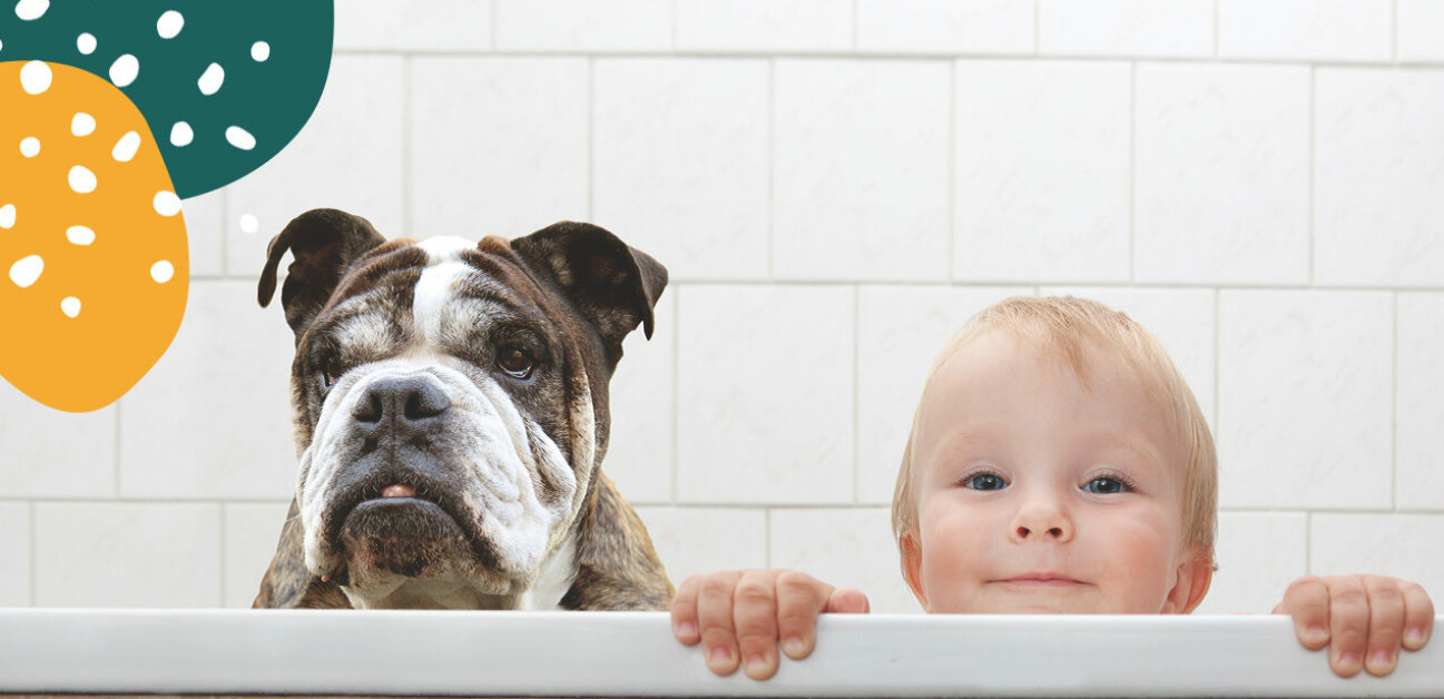 Barn och hund i badkar