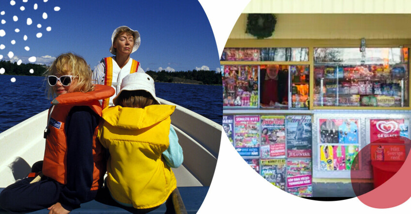 barn i båt och kiosk