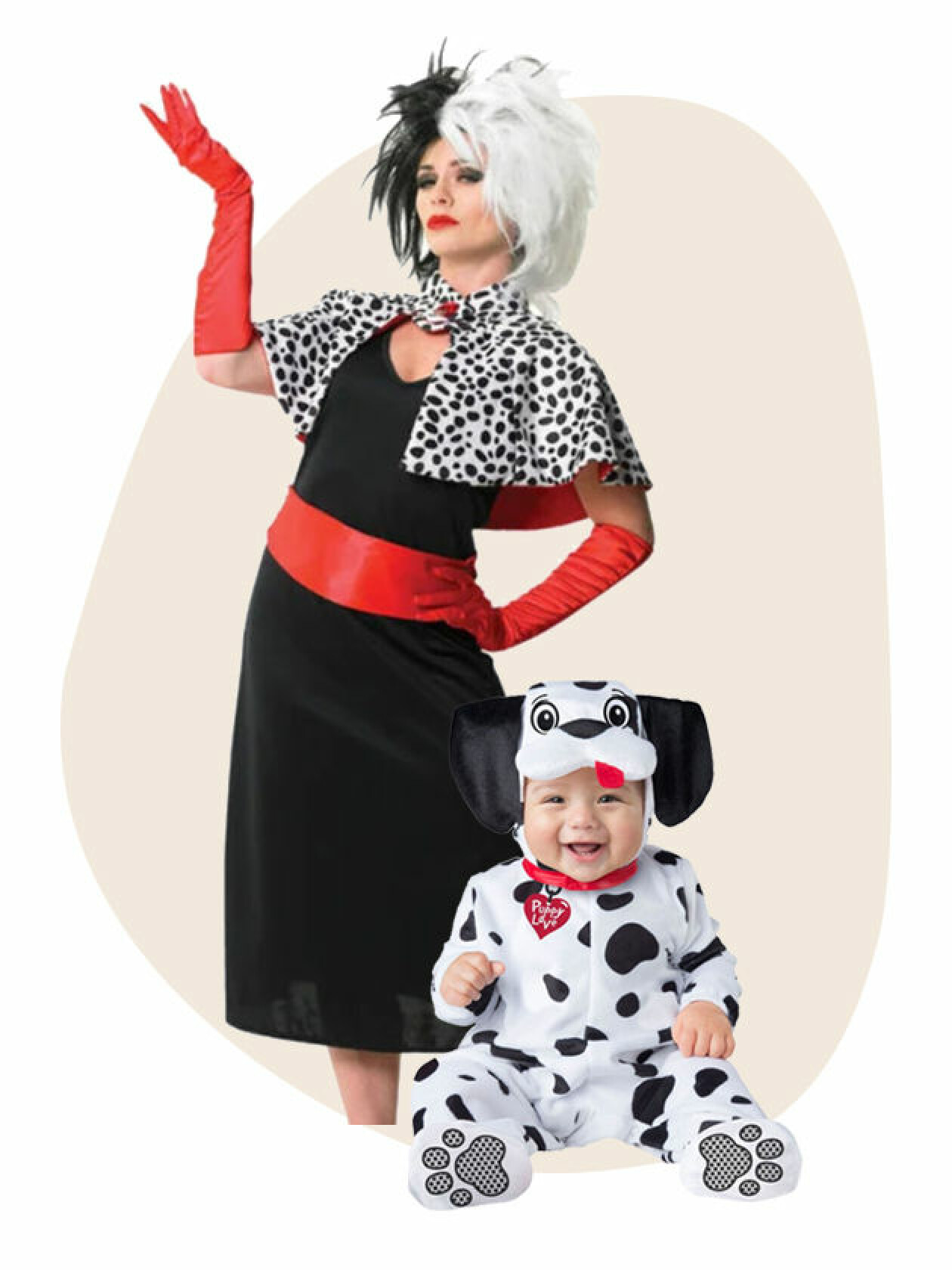 Cruella De Ville-kläder vuxen och Dalmatinvalp-dräkt bebis