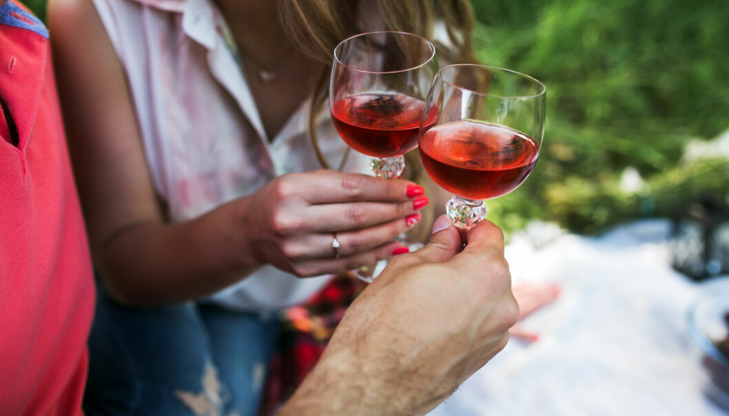 Ett par som skålar i rosevin på en picknick.