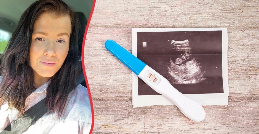 Bild på Hanna Theorin och en bild på ett graviditetstest och ett ultraljud