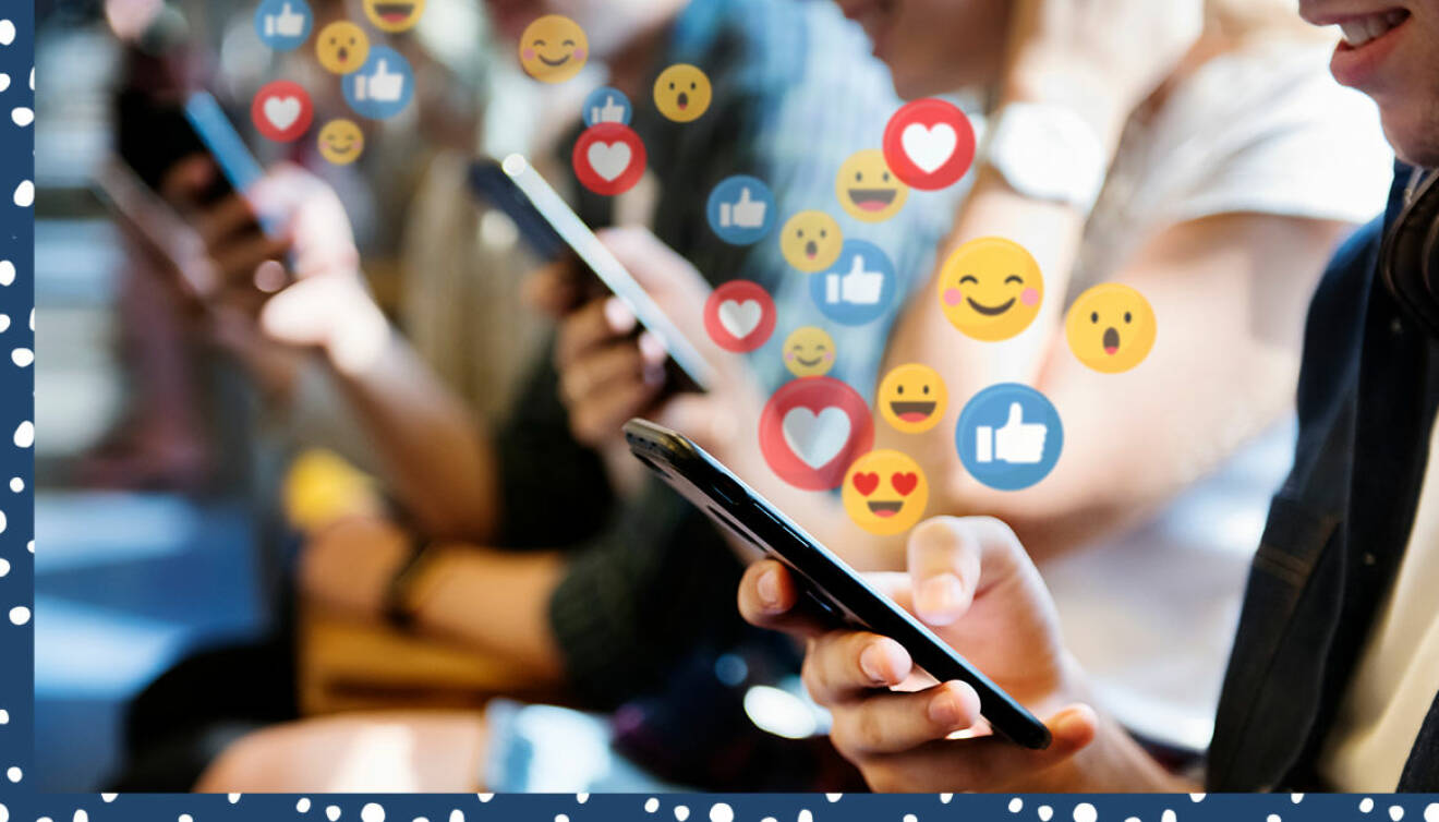 Tonåringar på rad med smartphones i handen och olika emojis i bild.