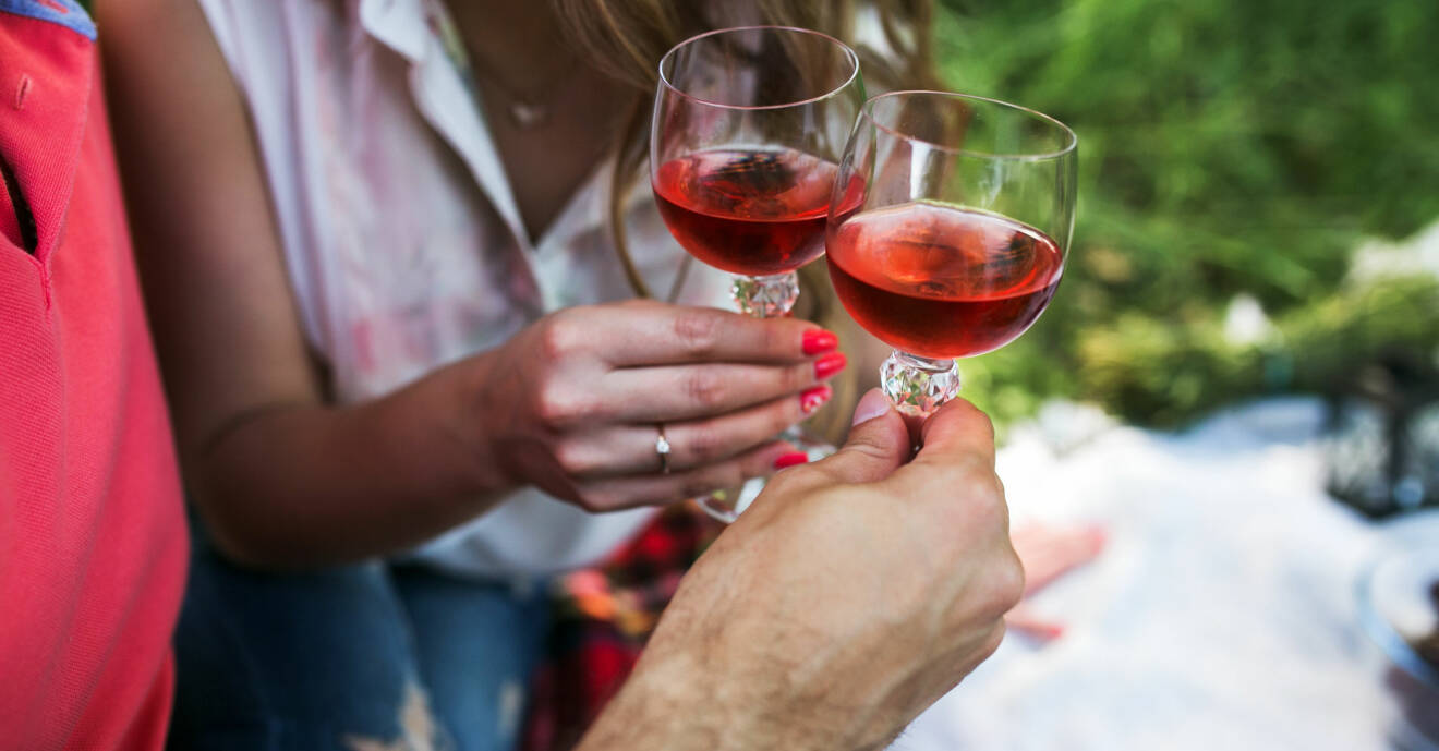 Ett par som skålar i rosevin på en picknick.