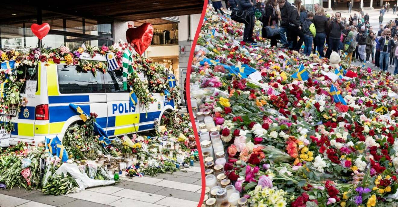 Bilder på blomhav på en polisbil och på Sergels torg.