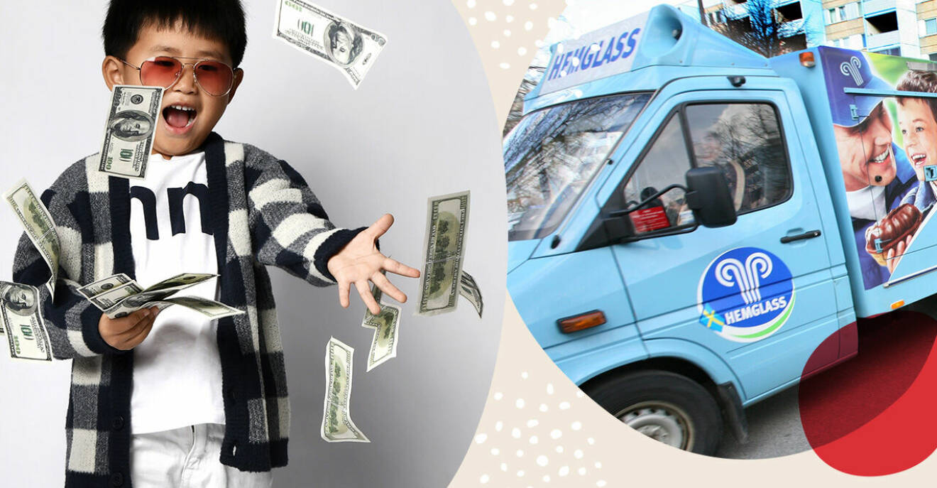 Barn som kastar pengar runt sig och glassbilen
