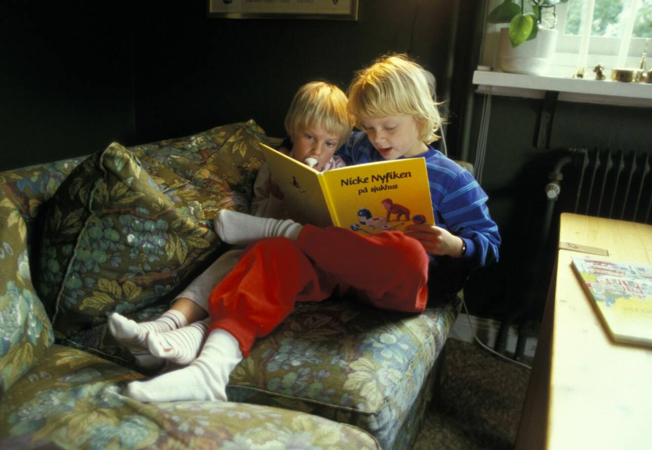 En storasyster läser bok för lillebror