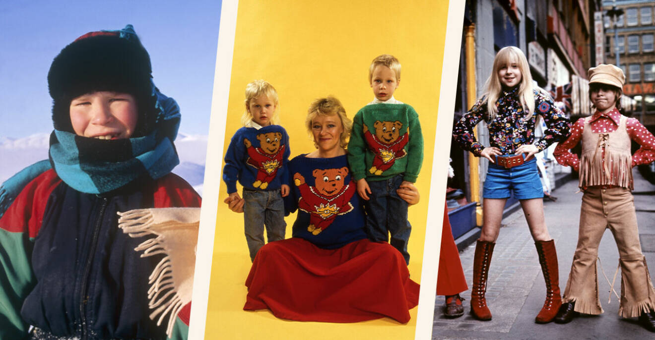 En pojke i skidkläder, en familj i matchande tröjor och barn med utsvängda byxor.