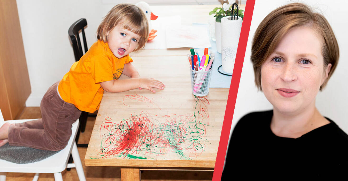 Barn som ritar på bordet och psykologen Bozena Fatyga