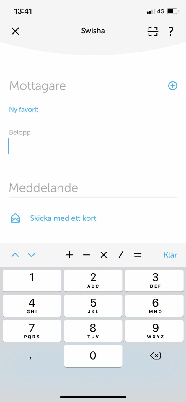 Så här ser Swish-fönstret ut när du ska fylla i belopp.