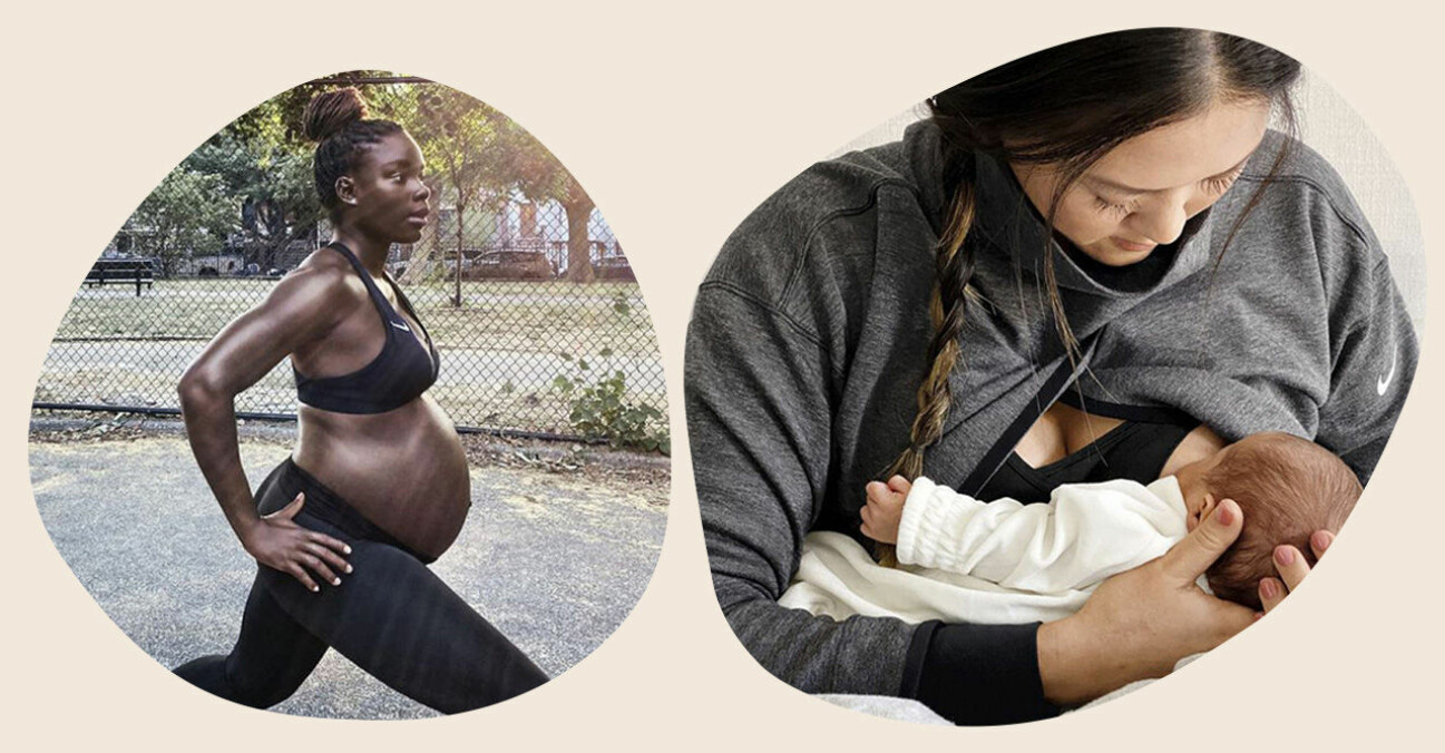 Gravid kvinna och kvinna som ammar i Nikes kollektion för mammor.