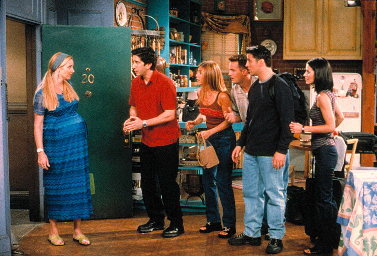 Vänner Phoebe gravid gravidstil i blå klänning