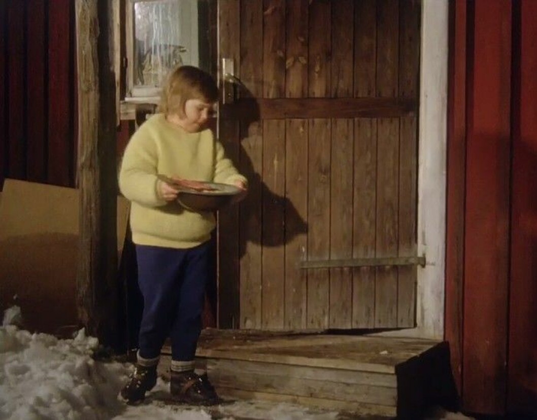 Tjorven ställer ut julgröt till tomten