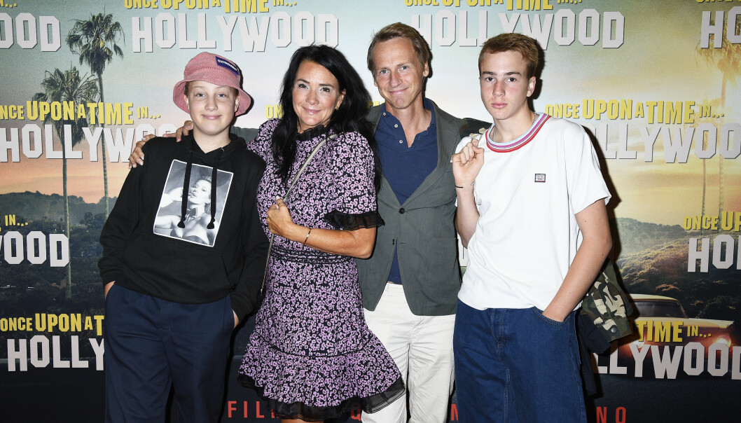 Sofia Wistam med make Magnus Wistam och sönerna Texas och Lennox Galapremiären av Once Upon a Time in Hollywood, Stockholm 2019