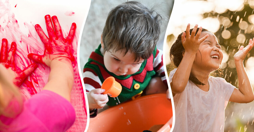 Barn som leker med vatten och fingerfärg.