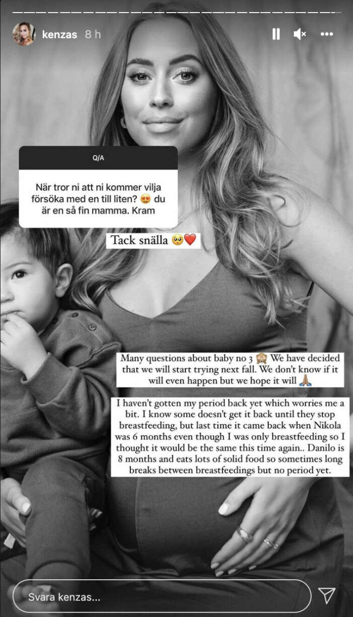 Kenza berättar på sin Instagram story. Kenza om oron för baby nummer tre