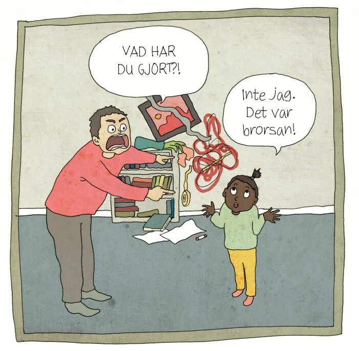 Haha, hur många kan relatera till att barnen skyller på varandra? Illustration: Louise Edlund Winblad Illustration på när förälder grälar på sitt barn.