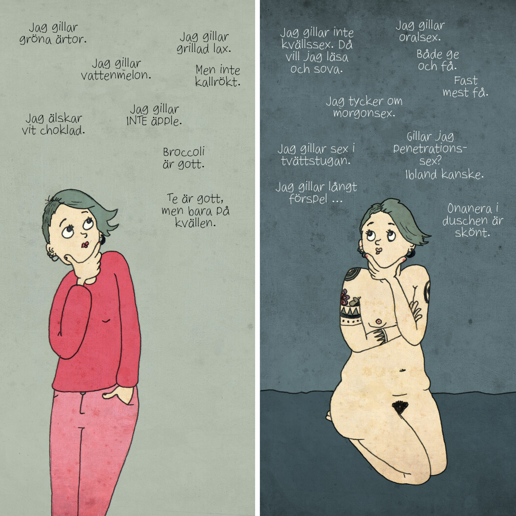 Fundera och lista för dig själv vad du gillar. Illustration: Louise Edlund Winblad ill Louise Edlund Winblad