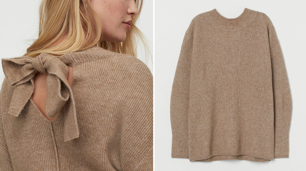 Ribbstickad beige tröja med rosett