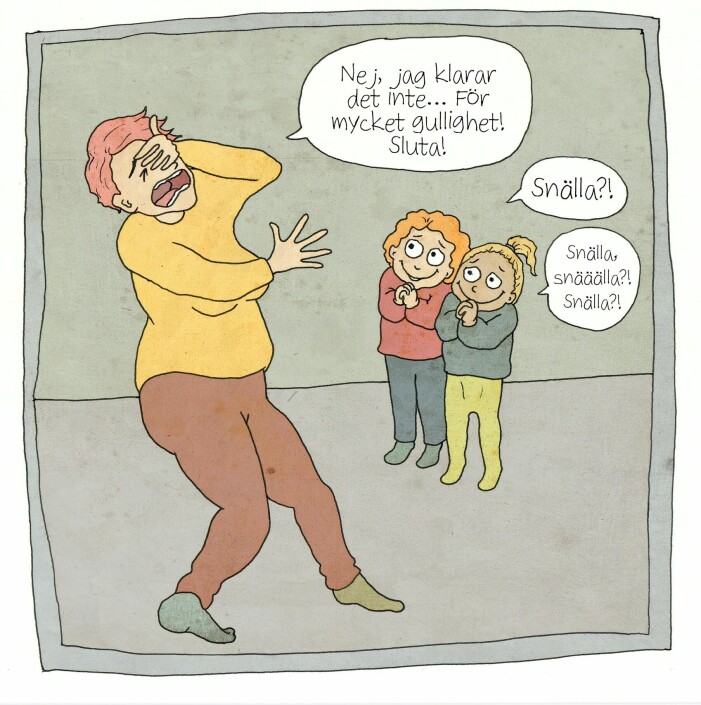 ”Mamma, snäällla, kan vi inte få en glass?” Illustration: Louise Edlund Winblad. Illustration där mamma tycker att barn är gulliga.