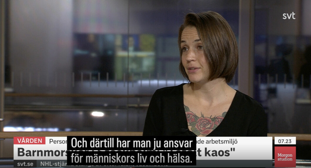 I Morgonstudion i tisdags målade Tove Brohed upp en bild av att man har svårt att hinna som barnmorska, och att platserna är för få på förlossningsavdelningen på Södersjukhuset i Stockholm. Foto: TT Barnmorska Tove Brohed
