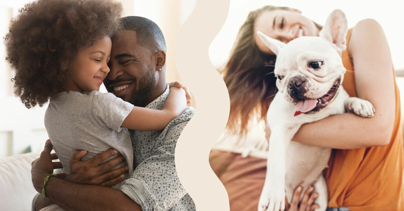 Pappa och dotter kramas och en tjej med sin hund som ser glad ut